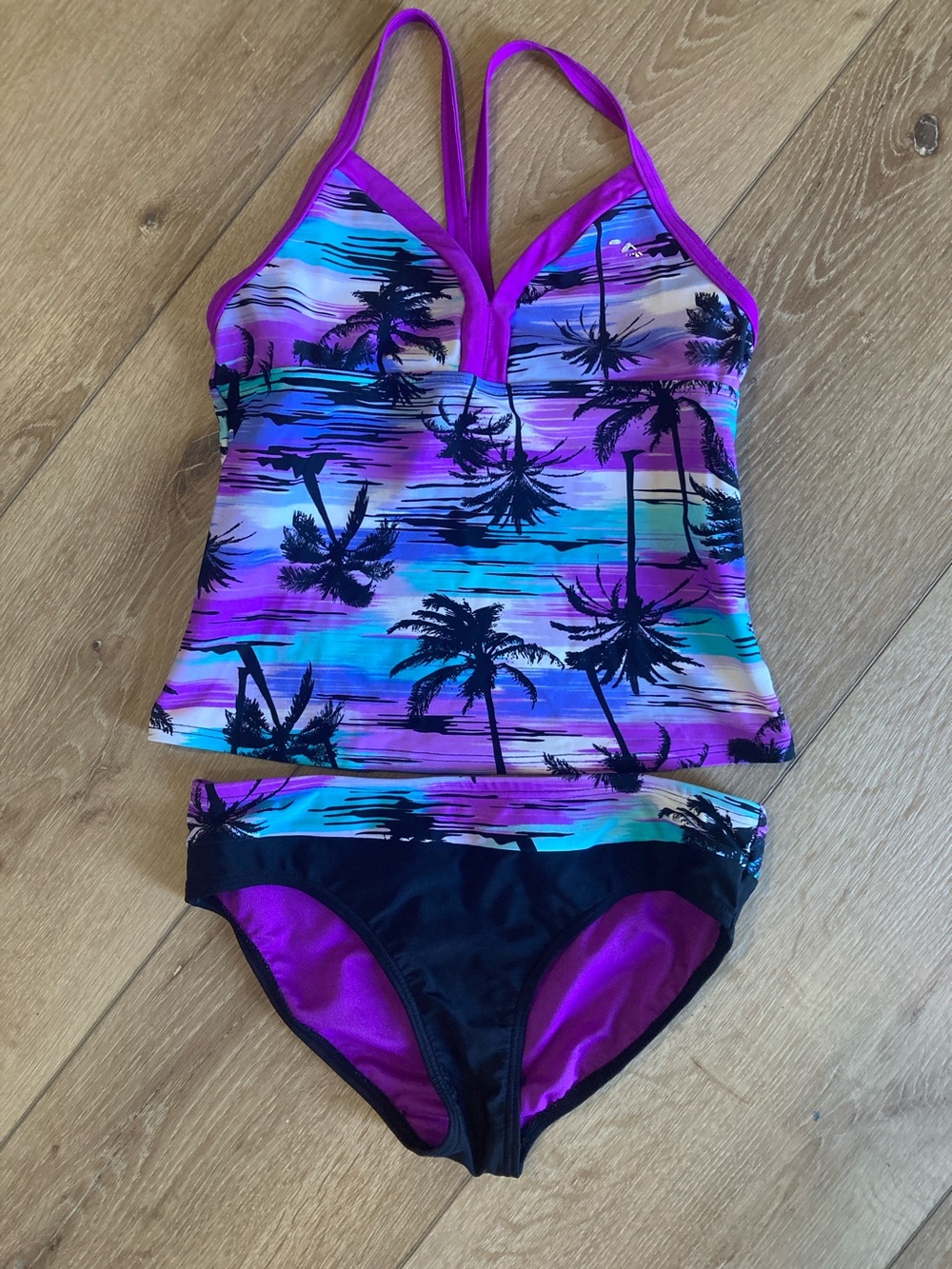 Zeroxposur size 14 girls purple black palm print tankini swimsuit